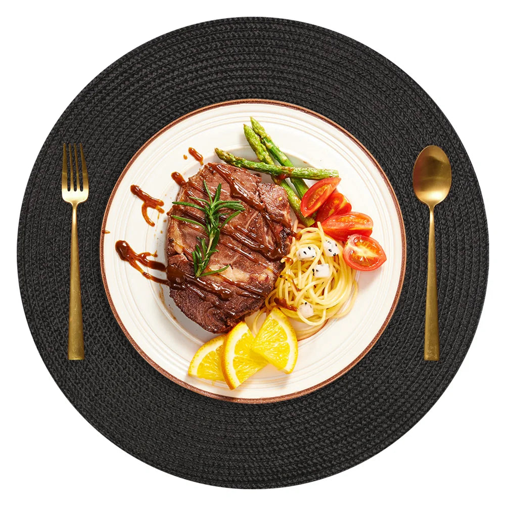 6Pc Round Braided Table Mat with 6Pc Cup Coasters Heat Resistant Washable Non Slip Placemats for Kitchen Dining Tables Pads Peaceful Pleasures Health and Wellness A Black 33.5CM and 10CM