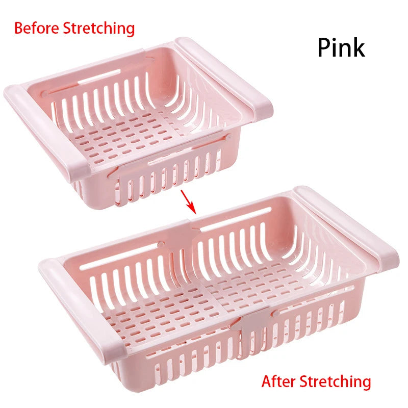Adjustable Kitchen Fridge Storage Rack Home Organizer Food Container Refrigerator Drawer Storage Boxes Rack Retractable Shelf Peaceful Pleasures Health and Wellness 1PC Pink