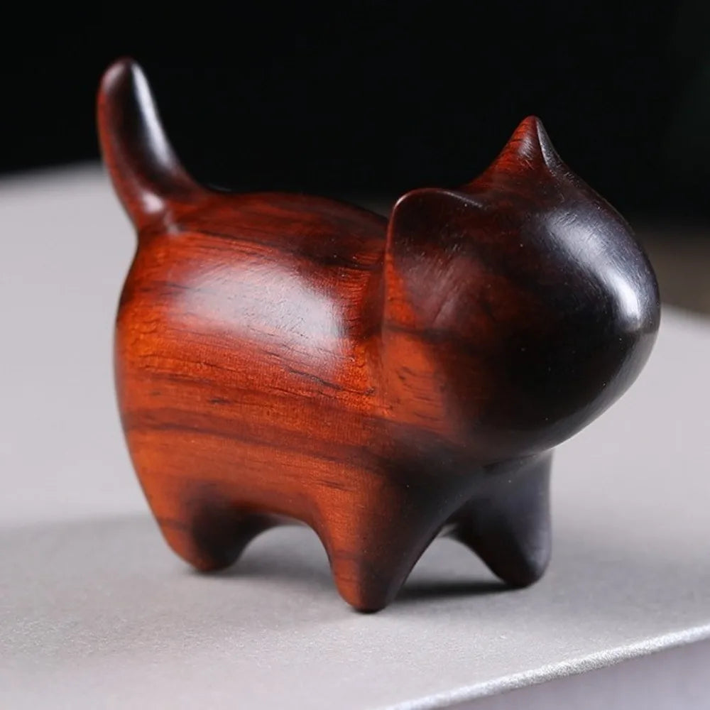 Handmade Wooden Cat Figurine with Bell | Natural Wood Decor