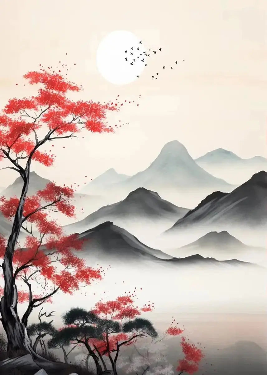 Japanese Autumn Watercolor Canvas Wall Art | Bamboo Blossom