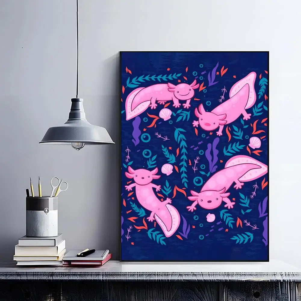 Cute Axolotl Art Poster HD Self Adhesive Waterproof Wall Art Ideal for Home Office Dorm Bedroom Great Gift Peaceful Pleasures Health and Wellness Black11 15X20cmNoframe