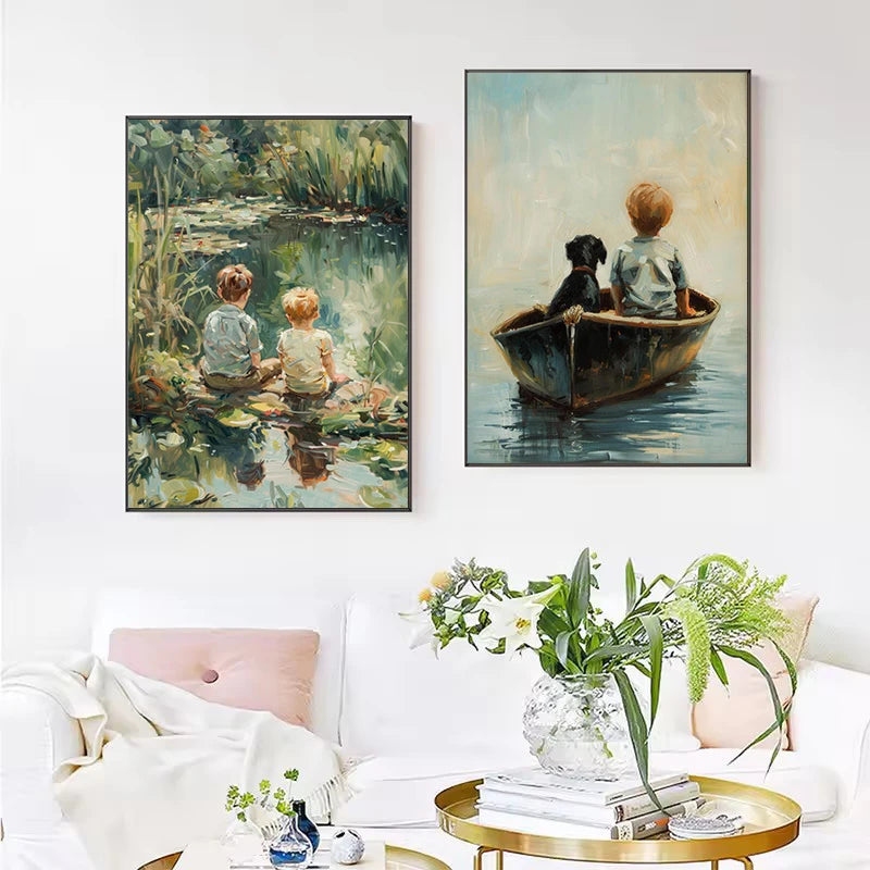 Retro Fishing Boys Canvas Wall Art | Farmhouse & Nursery Decor