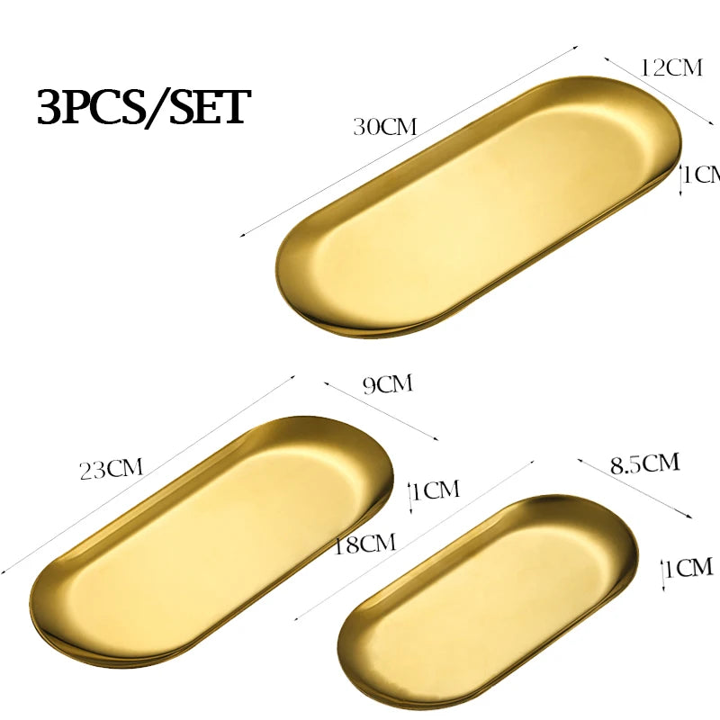 Nordic Stainless Steel Oval Serving Tray – Mirror Polished Dessert & Snack Plate, Gold or Silver, 3 Sizes