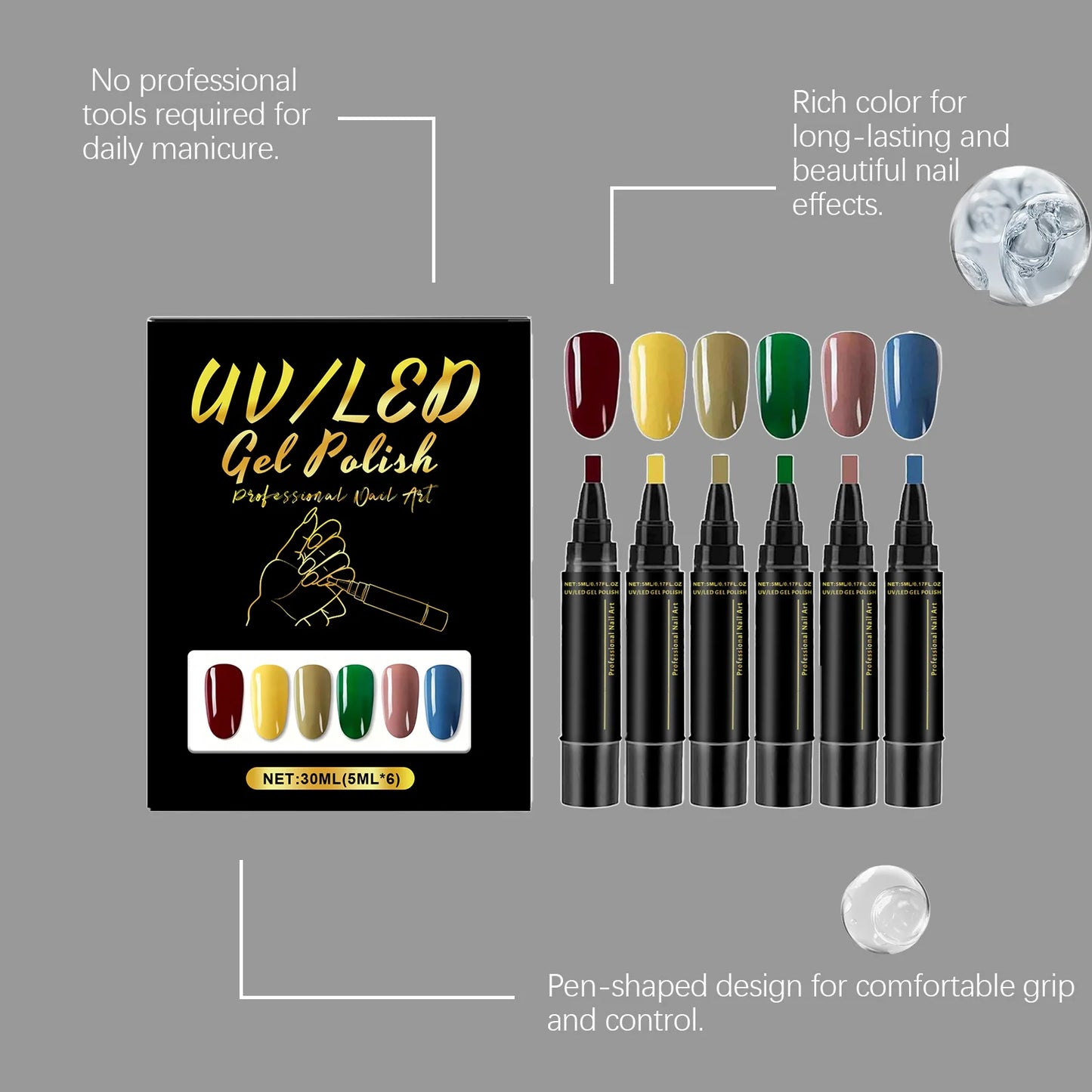 6 Color Nail Polish Pen Bright Color Smooth Drawing Quick Dry Long Wear Easy Grip Portable DIY Nail Creation Nail Art Pens Set Peaceful Pleasures Health and Wellness