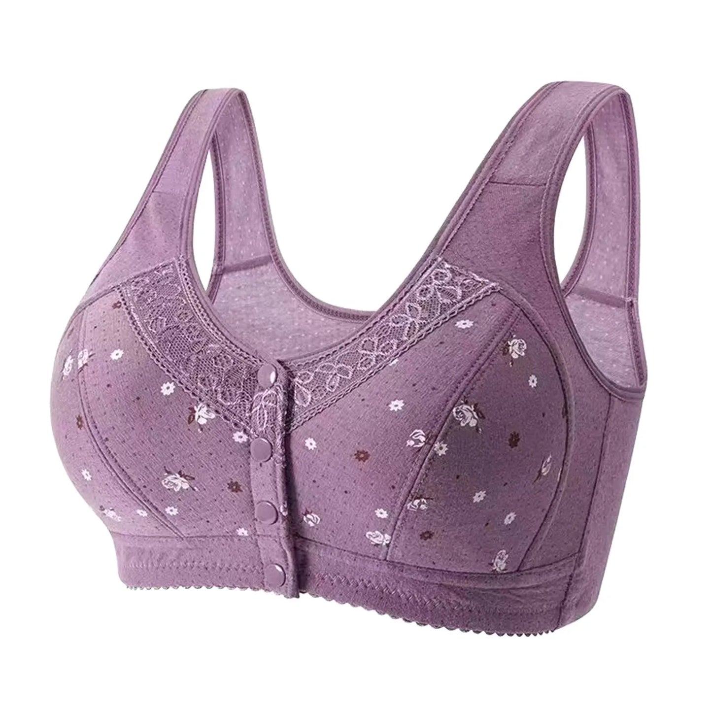 Plus Size Flower Print Wire Free No Pads Nursing Bra Mid-aged Mom Open Front Vest Brassiere Lingerie Cotton Bralette Underwear Peaceful Pleasures Health and Wellness Purple 48