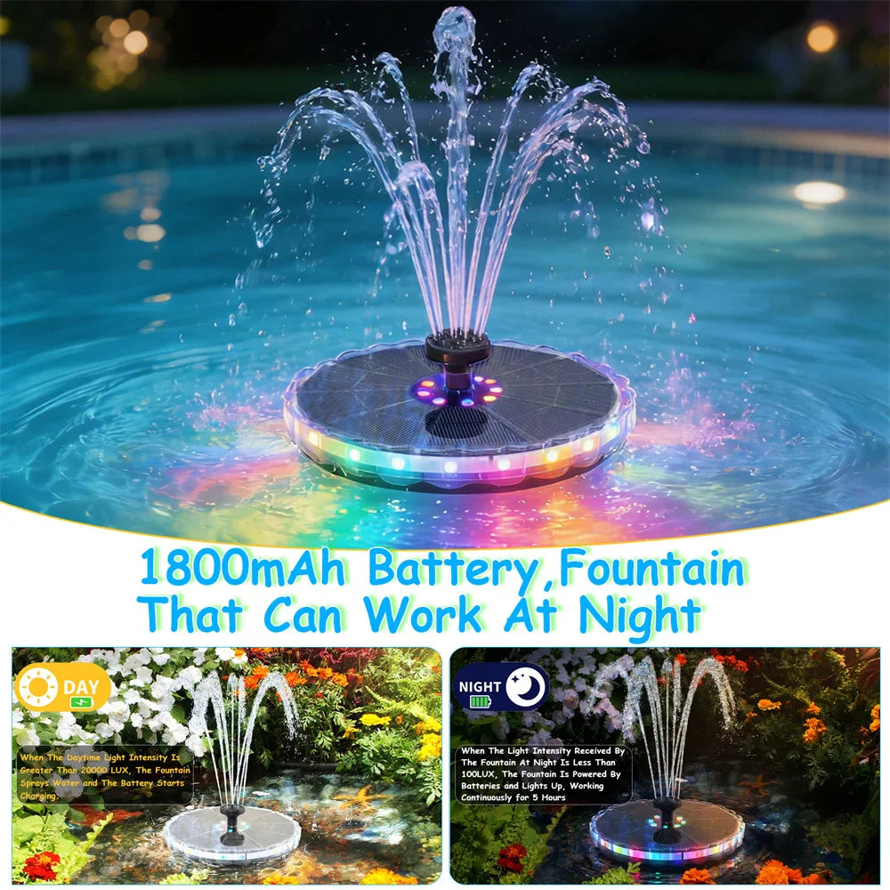 3.5W Solar Fountain Pump – LED Lights, 8 Nozzles, 1800mAh