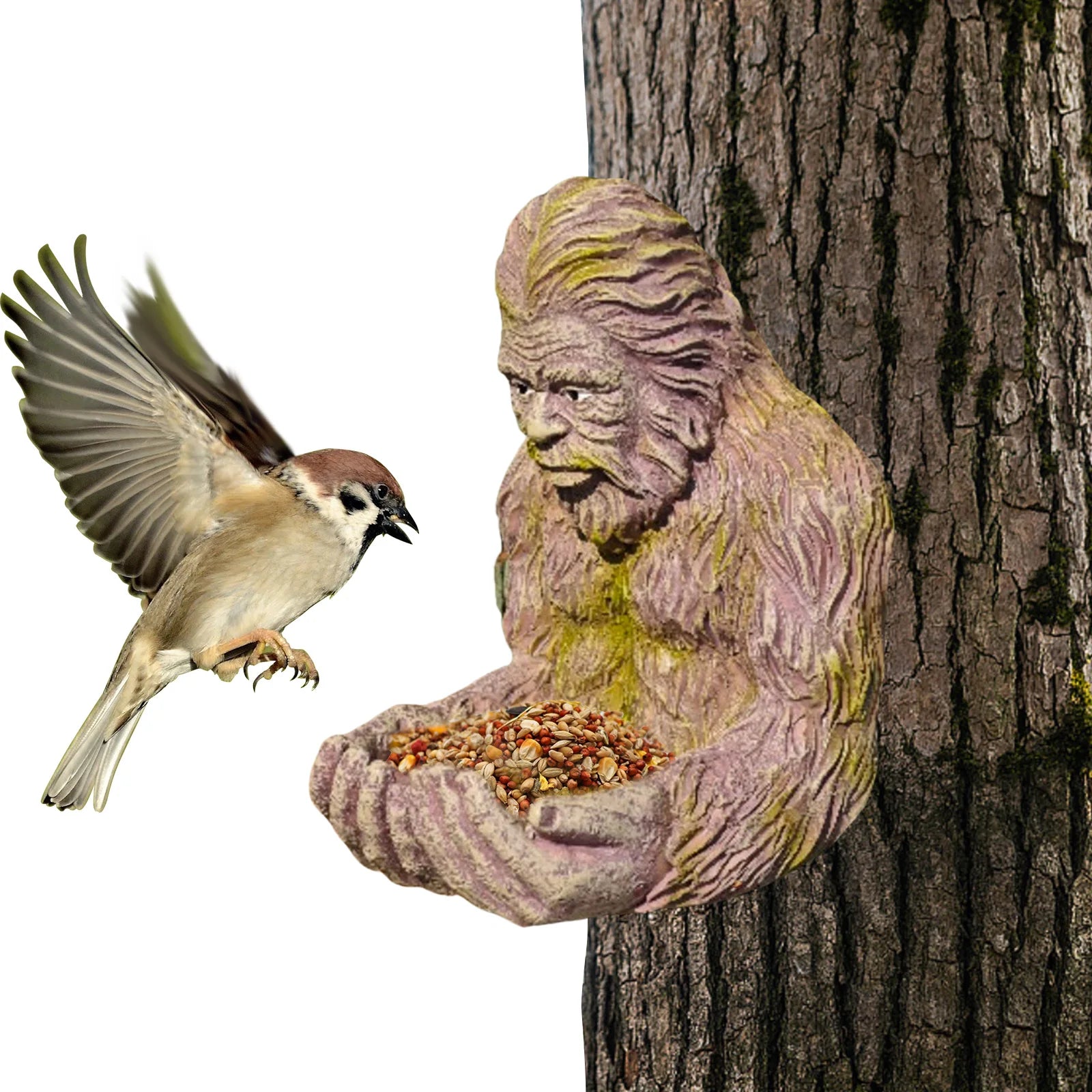 Tree Hugger Bird Feeder Sculpture Outdoor Resin Sasquatch Statue Wild Bird Seed Tray for Garden Yard Decoration Peaceful Pleasures Health and Wellness