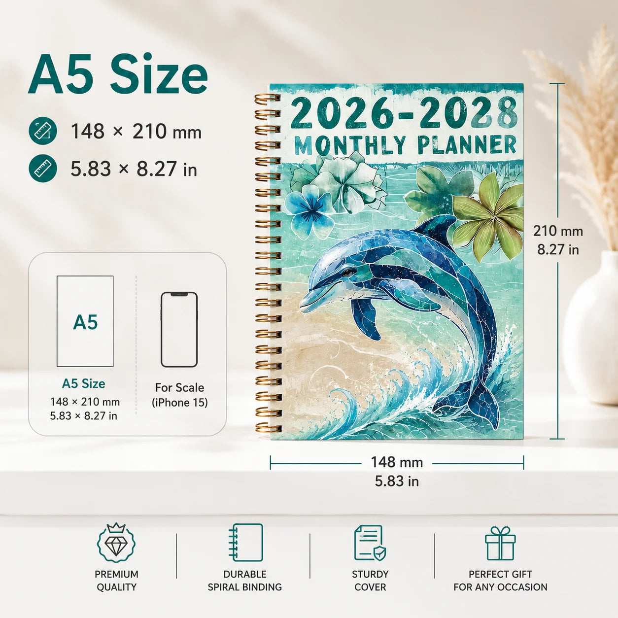 2026-2028 3 Year Spiral Planner Monthly Daily Agenda Cute Dolphin
