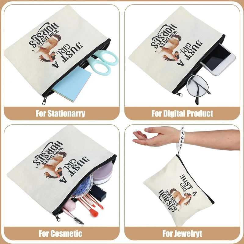 Horse Lover Canvas Makeup Bag | Just A Girl Who Loves Horses Canvas Cosmetic Bag Peaceful Pleasures Health and Wellness