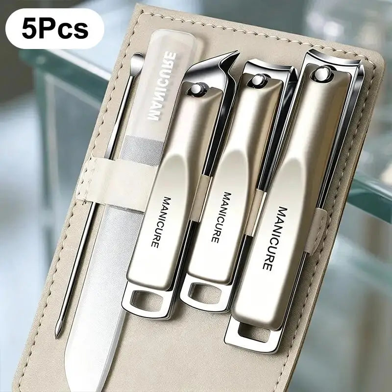 5/10Pcs Professional Nail Clippers Set With Rotating Leather Bag Manicure Pedicure Trimmer Kit Nail Care Tools Peaceful Pleasures Health and Wellness 5pcs