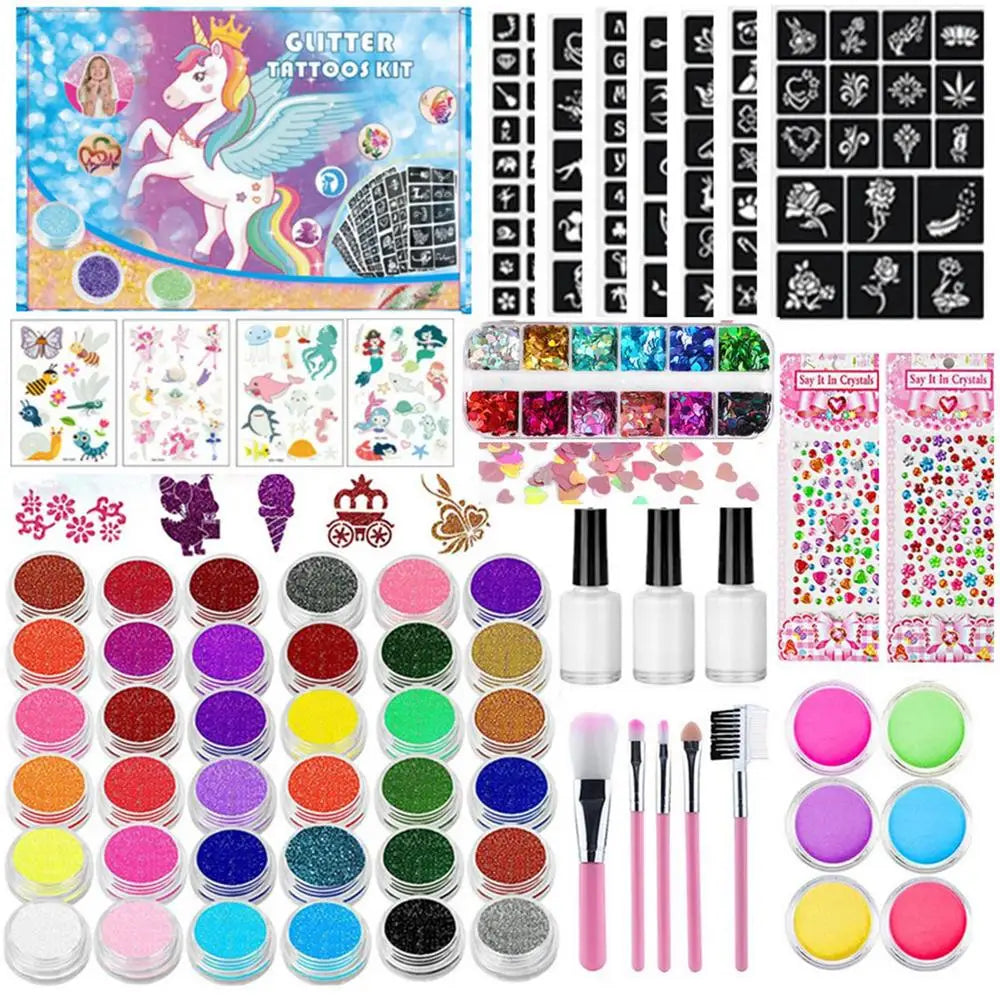 36-Color Kids Glitter Temporary Tattoo Kit – Face & Body Art