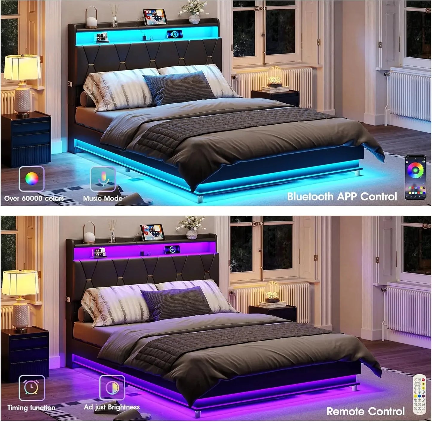 Queen Size Lift-Up Storage Bed Frame with LED Lights, Charging Station & Noise-Free Design Peaceful Pleasures Health and Wellness