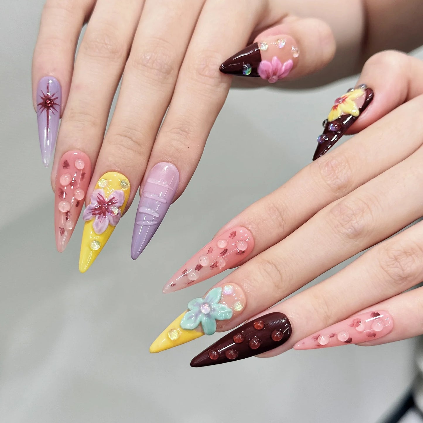 10pcs Handmade Summer Press on Nails Sweet Pink Long Almond False Nails Wearable Ins 3d Carved Flower French False Nail Tips Peaceful Pleasures Health and Wellness