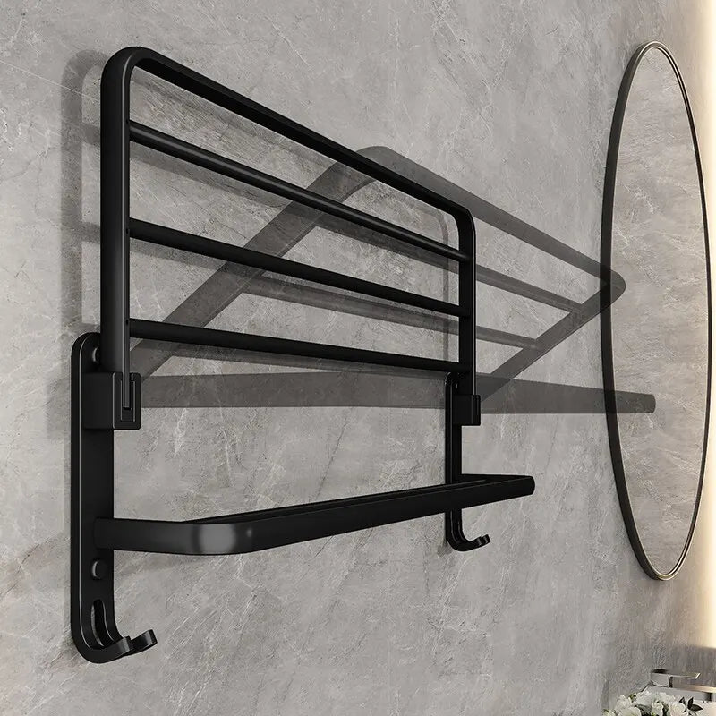 Matte Black Folding Towel Rack 50CM Double Bar Wall Mount + Hook