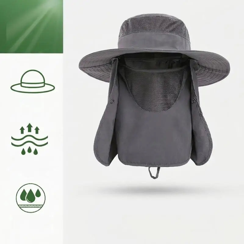 Full Coverage Sun Protection Bucket Hats Detachable Face & Neck Flap Outdoor Fishing Hats Breathable Mesh Wide Brim Headwear Peaceful Pleasures Health and Wellness dark gray