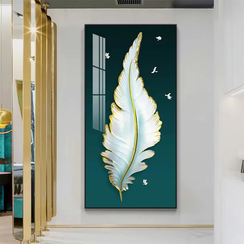 Nordic Luxury Abstract Wall Art Golden White Feathers Canvas Painting Gold Ribbon Posters for Porch Corridor Home Decoration Peaceful Pleasures Health and Wellness ZLH3203 30x45cm No Frame