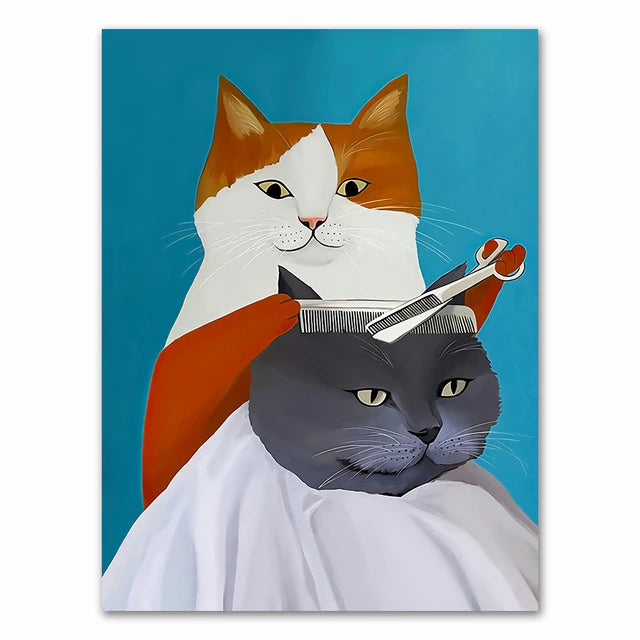 Wall Art Mural Modern Cartoon Cat And Dog Haircut Humor Poster Canvas Painting Hand-Painted Picture Printing Home Room Decor Peaceful Pleasures Health and Wellness