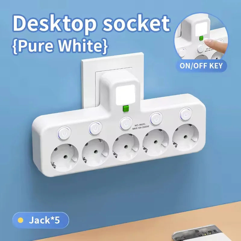 EU Plug Multi Socket Power Strip with USB-C USB Ports Night Light Individual Switches 2500W Wall Charger Adapter for Home Office Peaceful Pleasures Health and Wellness White 5 holes EU Plug