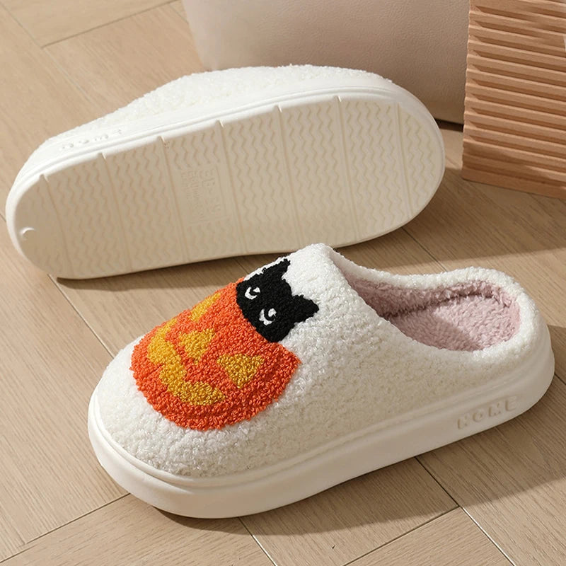 Halloween Pumpkin Cat Plush Slippers – Cozy Indoor House Shoes