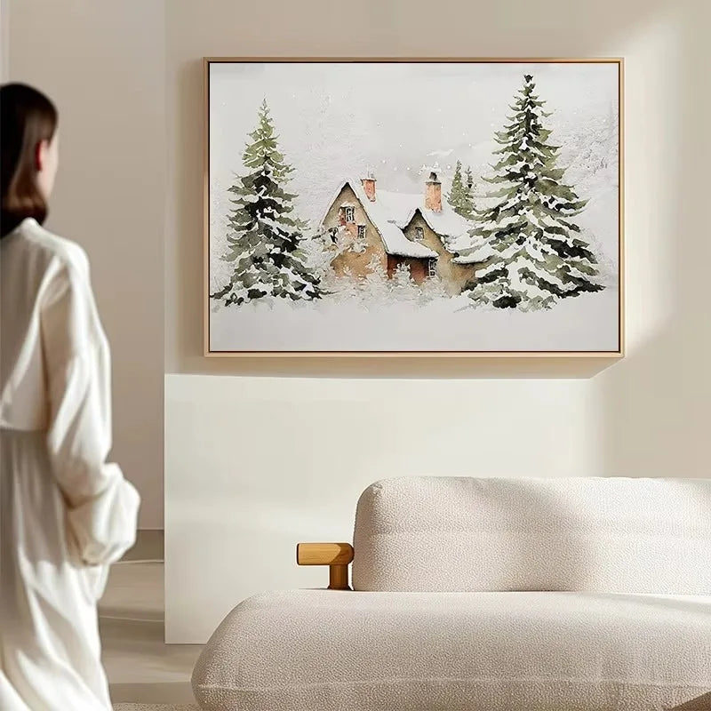 Winter Snowscape Pine Forest House Oil Painting Style Posters Prints Canvas Printing Wall Art Picture for Living Room Home Decor Peaceful Pleasures Health and Wellness