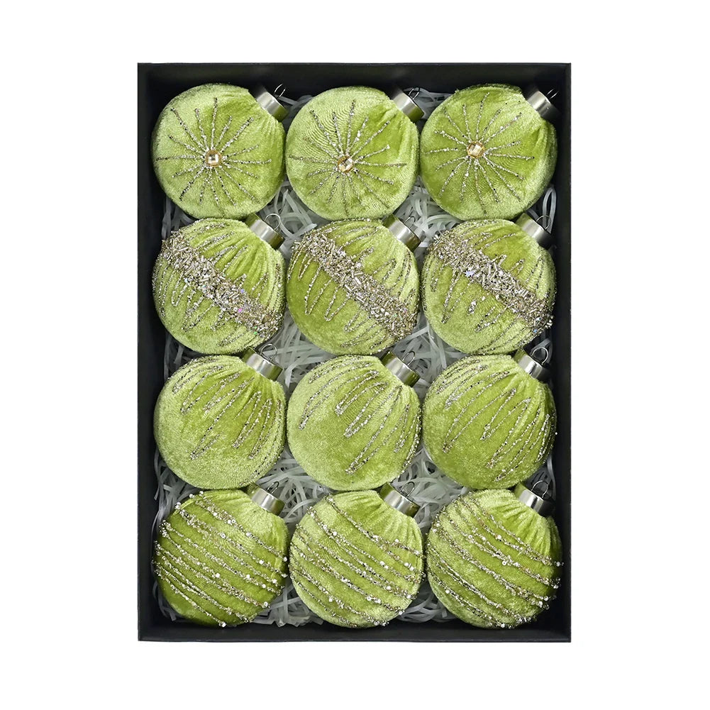 12-Piece Flocked Velvet Christmas Ball Ornaments | 8cm Set