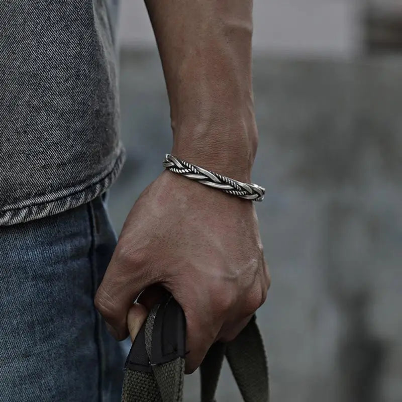 Twisted Woven Silver Bangle | Retro Thai Handmade Bracelet