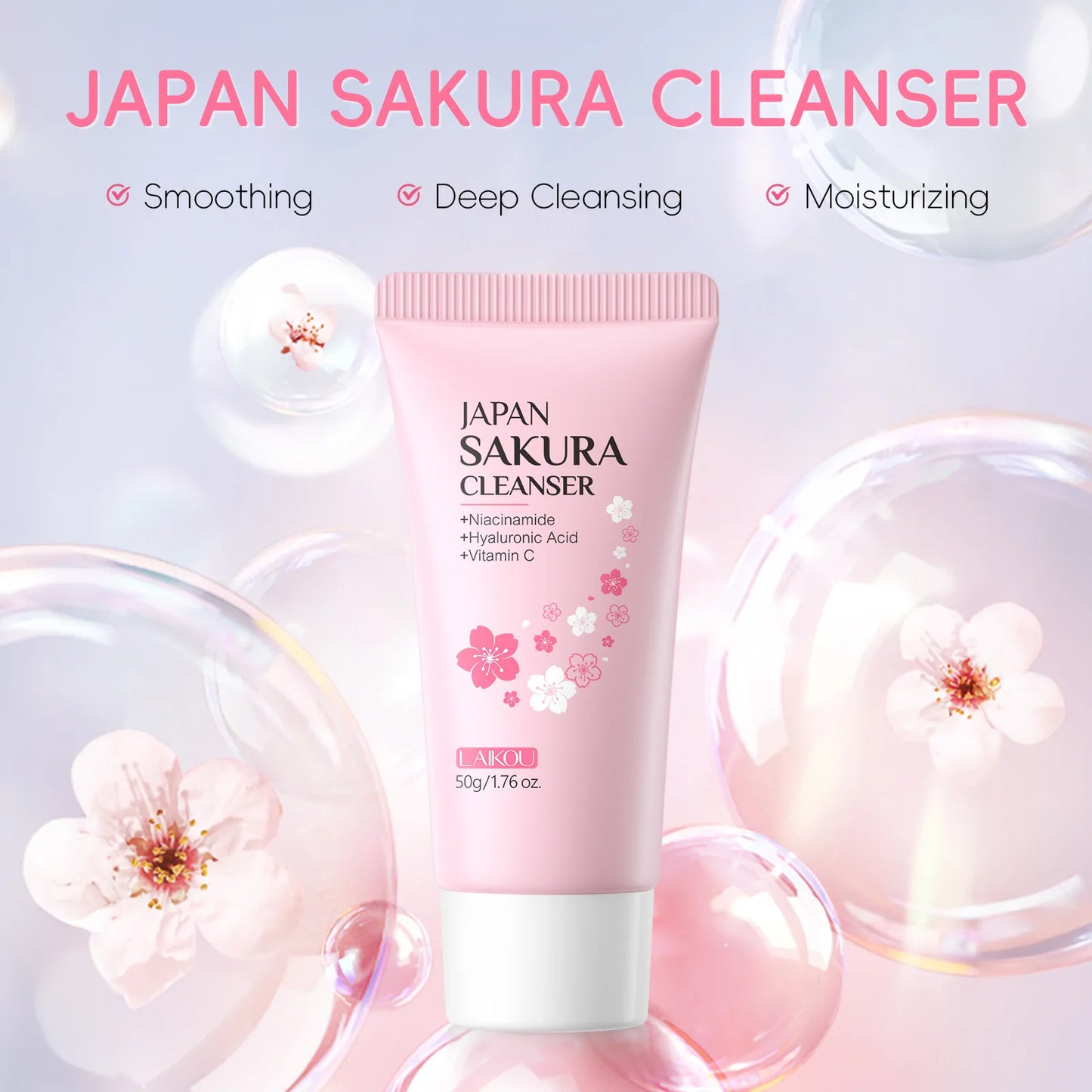 Laikou Sakura Facial Cleanser Deep Cleansing Pores Oil Control Moisturizing Brightening Face Wash Gentle For All Skin Types 50g Peaceful Pleasures Health and Wellness