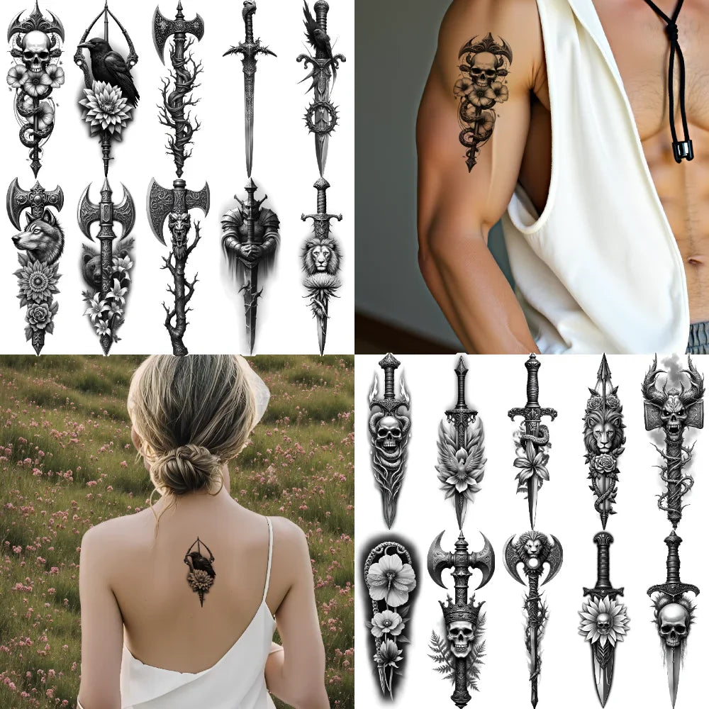 12pcs Realistic Temporary Tattoos – Skull, Flower, Crow & Dragon