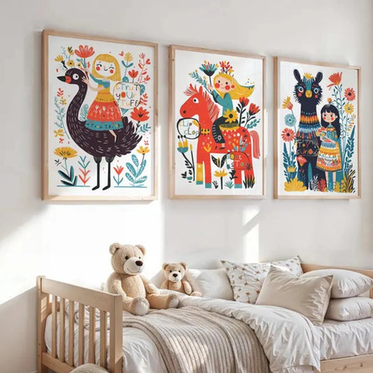 3-Piece Kids Horse & Bird Canvas Wall Art | Whimsical Decor Canvas Wall Art Set Peaceful Pleasures Health and Wellness G5364-3pcs 21x30cm Wood Framed