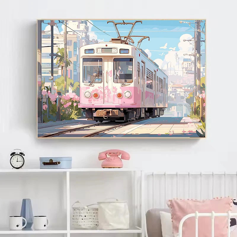 Aestheticism Anime Scenes Posters Sakura Tram Train Ocean View Landscape Prints Canvas Painting Wall Art Picture for Home Decor Peaceful Pleasures Health and Wellness