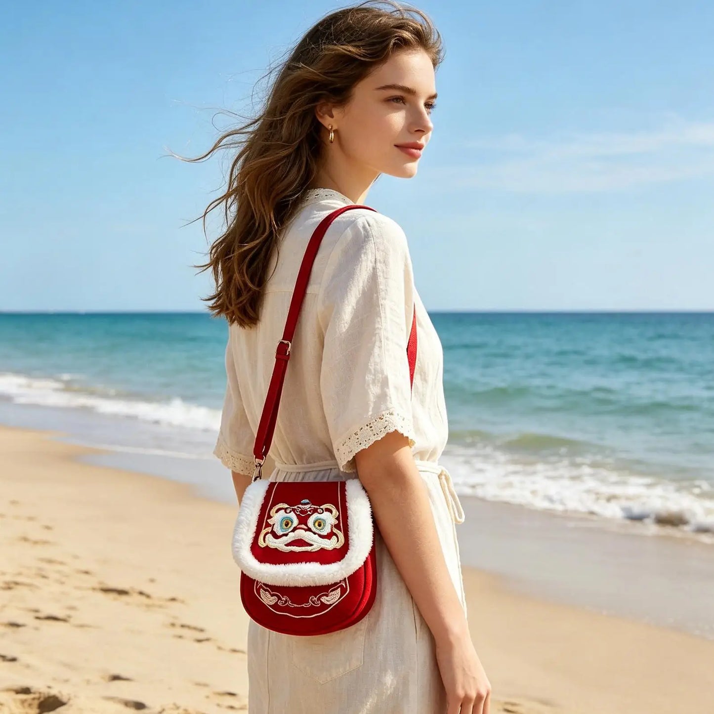 Red Embroidered Plush Tote Bag | Cute Shoulder Bag for Women