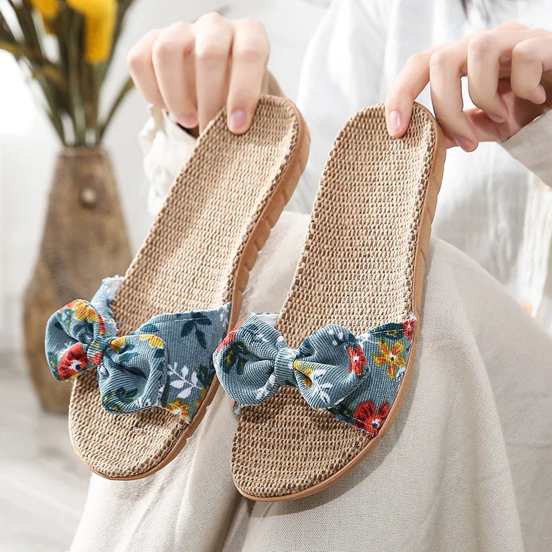 Women's Boho Linen Flip Flops – Bowknot Beach Slippers