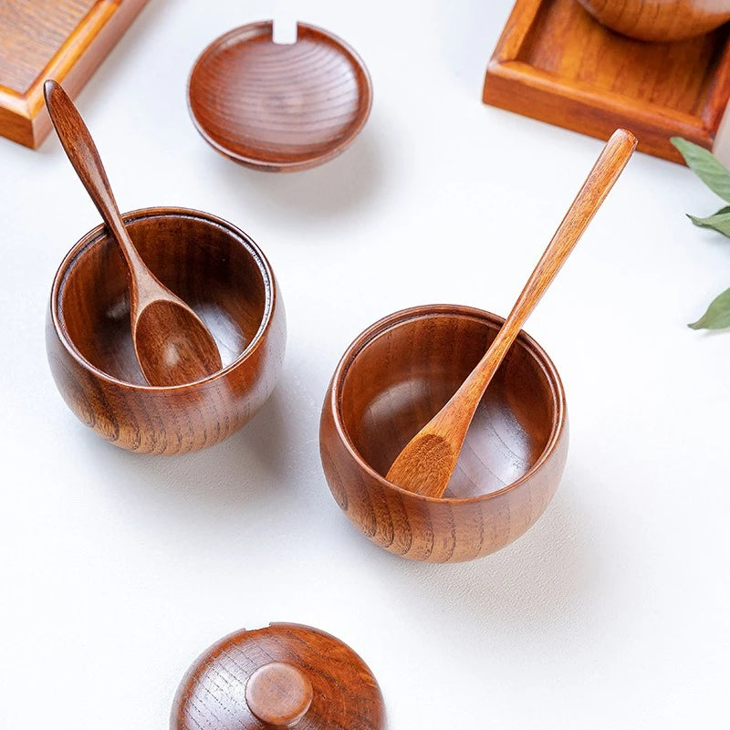 Wooden Seasoning Jar Creative Kitchen Retro Salt Sugar Pot Seasoning Storage Jar With Lid Spoon Wooden Tray Storage Containers Peaceful Pleasures Health and Wellness
