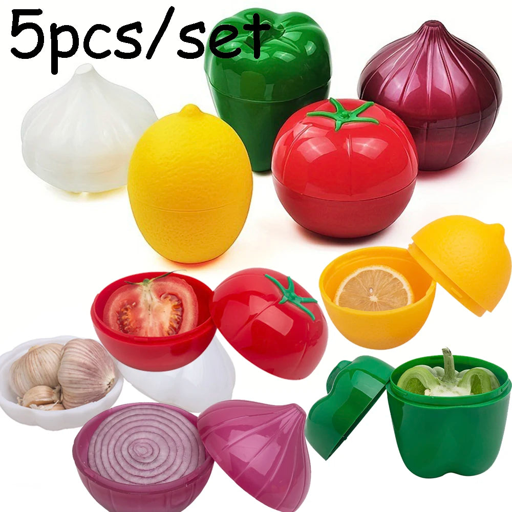 5pcs Food Savers Avocado Keepers Storage Container for Onion Lemon Pepper Tomato Garlic Creative Kitchen Refrigerator Gadget Peaceful Pleasures Health and Wellness