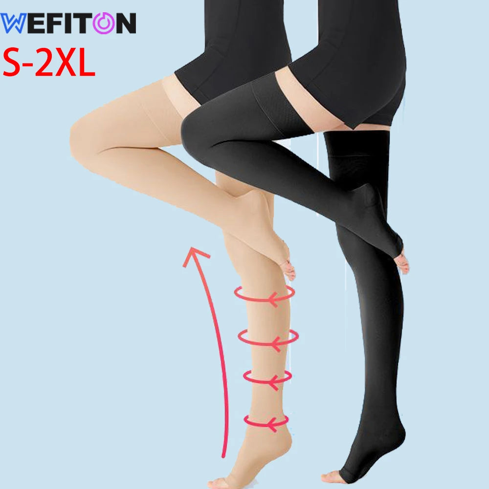 1Pair Thigh High Footless Compression Sleeves & Silicone Band for Women Men,Firm 20-30 mmHg Graduated Support for Varicose Veins Peaceful Pleasures Health and Wellness