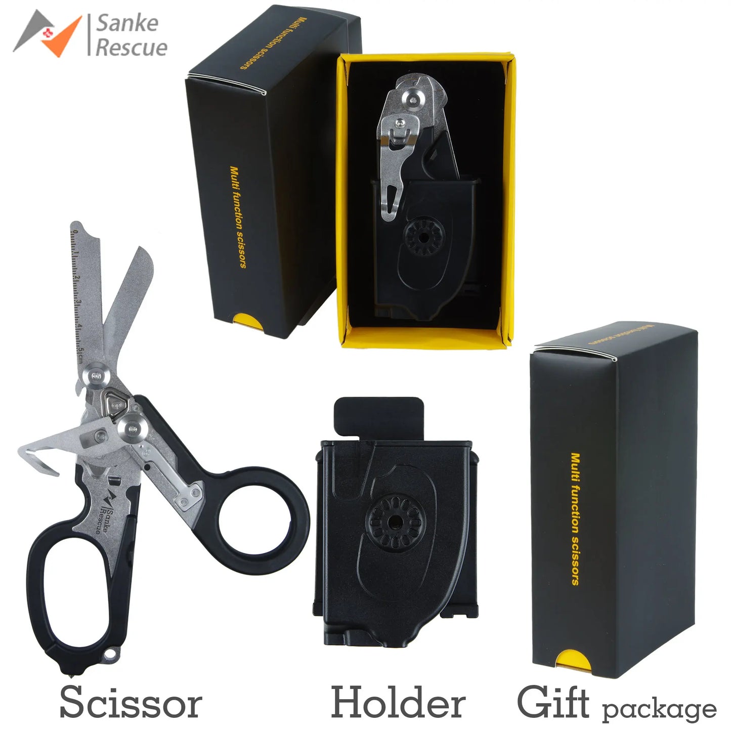 Sanke Rescue Trauma Shears Emergency Scissors Tool Stainless Steel Foldable Trauma Shears with Strap Cutter Glass Breaker EDC Peaceful Pleasures Health and Wellness Black set