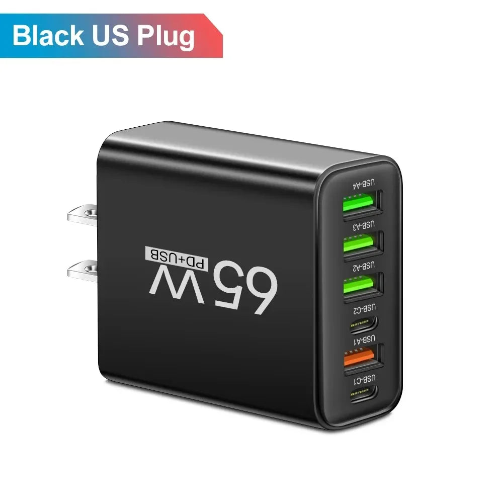 65W 6-Port USB-C Fast Charger | QC 3.0 & PD Multi-Device