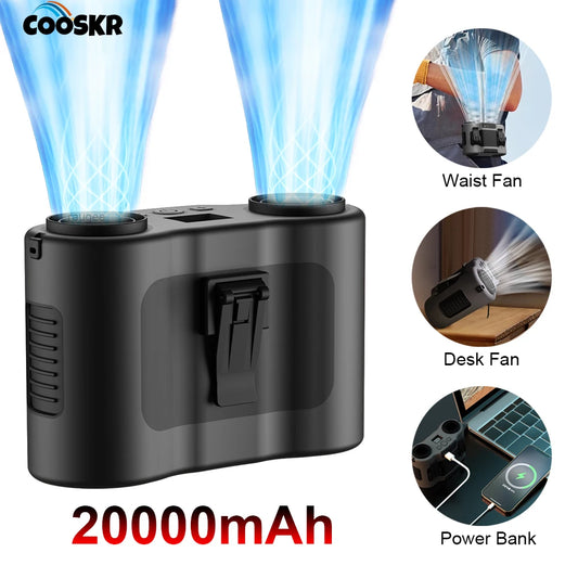 20000mAh Waist Fan Dual Airflow Outlet Air Circulation Neck Fan Rechargeable for Outdoor Working Waist Clip Fan with Power Bank Peaceful Pleasures Health and Wellness