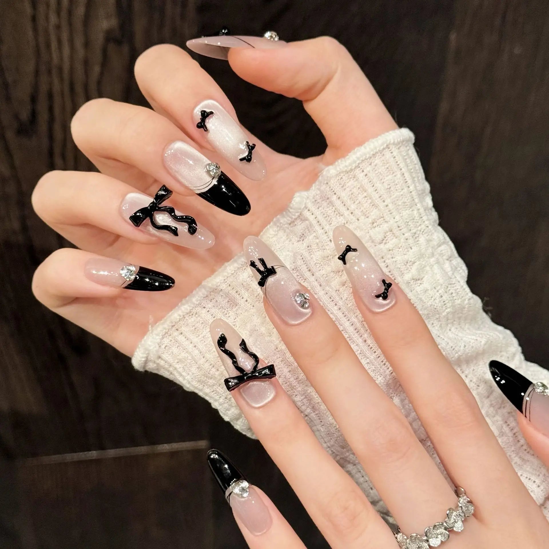 10pcs Handmade Almond French Press on Nails 3D Bow Decor Cat's Eye Fake Nail Tips Wearable Fashion Shiny Gentle False Nails Long Peaceful Pleasures Health and Wellness