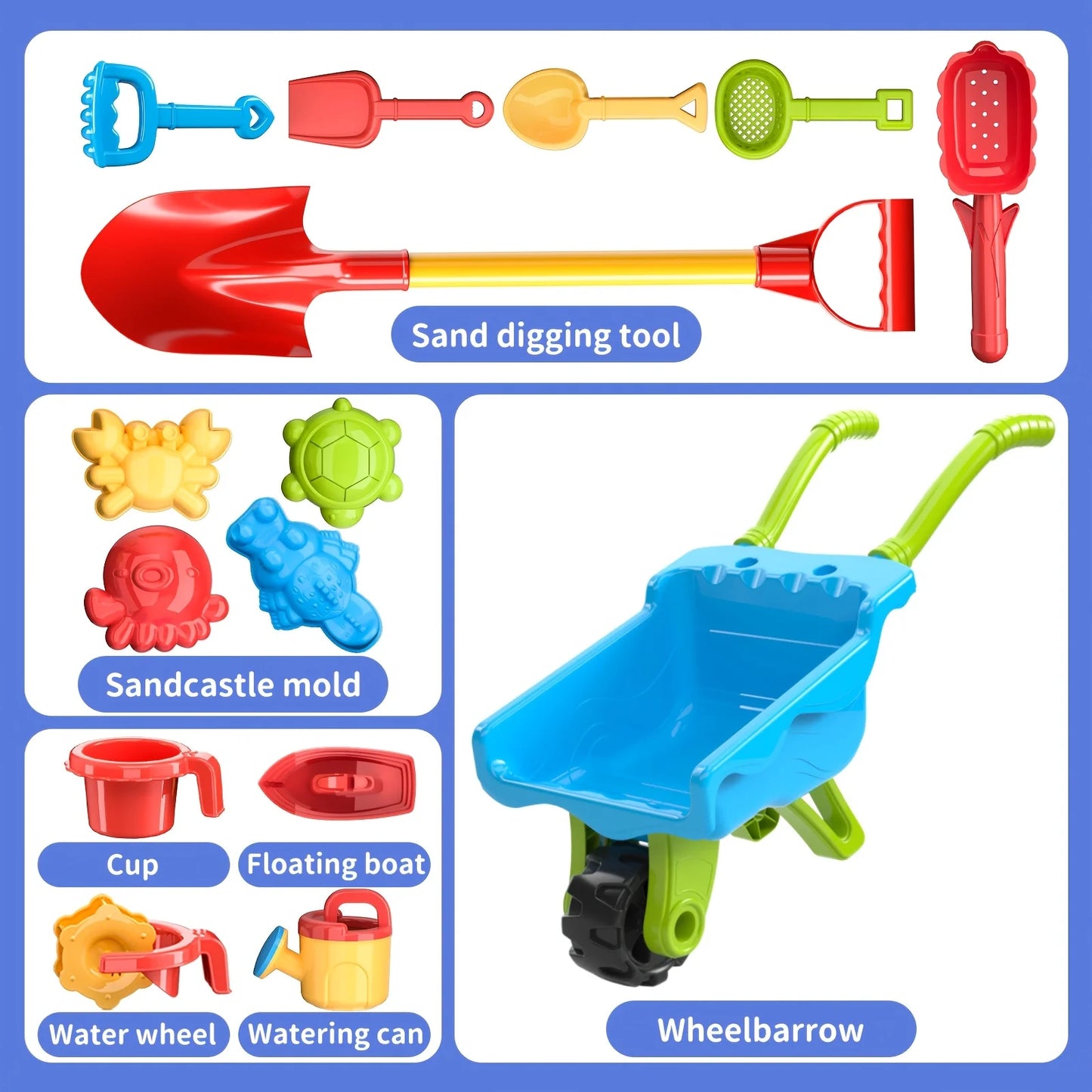Kids Beach Sand Toy Set – Wheelbarrow, Water Wheel, Shovels & Molds