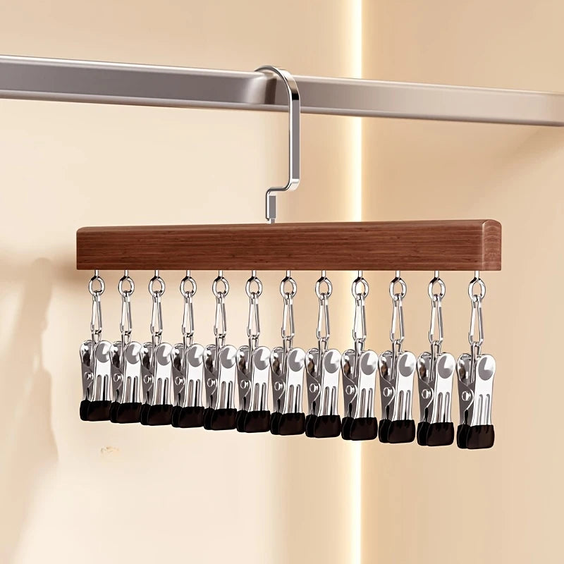 12-Clip Wooden Hat Organizer | Closet Hanger for Caps & Towels