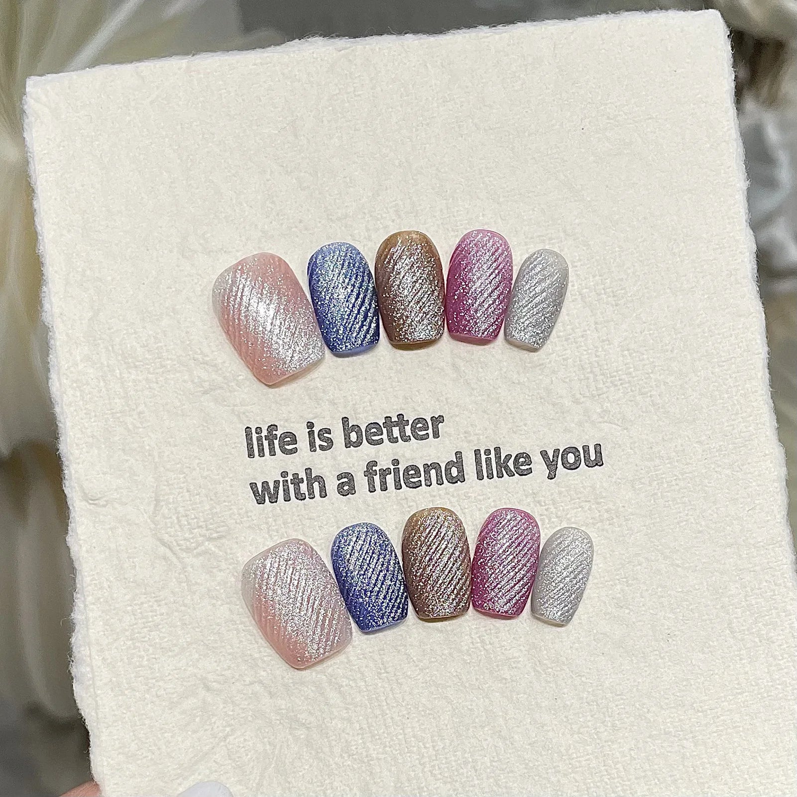 10pcs Velvet Cat Eyes Short Handmade Fake Nails Press On Nails With Gradient Shimmer Design Wearable Colorful Glitter False Nail Peaceful Pleasures Health and Wellness