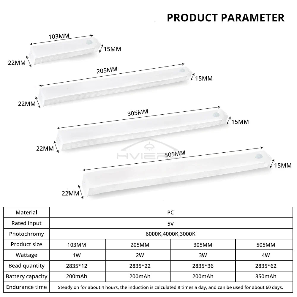 Rechargeable PIR Motion LED Night Light Bar 10–50cm | 3 Colors
