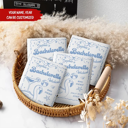 Personalized Coastal Bachelorette Can Coolers – 4-Pack Can Cooler Set Peaceful Pleasures Health and Wellness 4Pcs Cup Holder 9.5x12cm