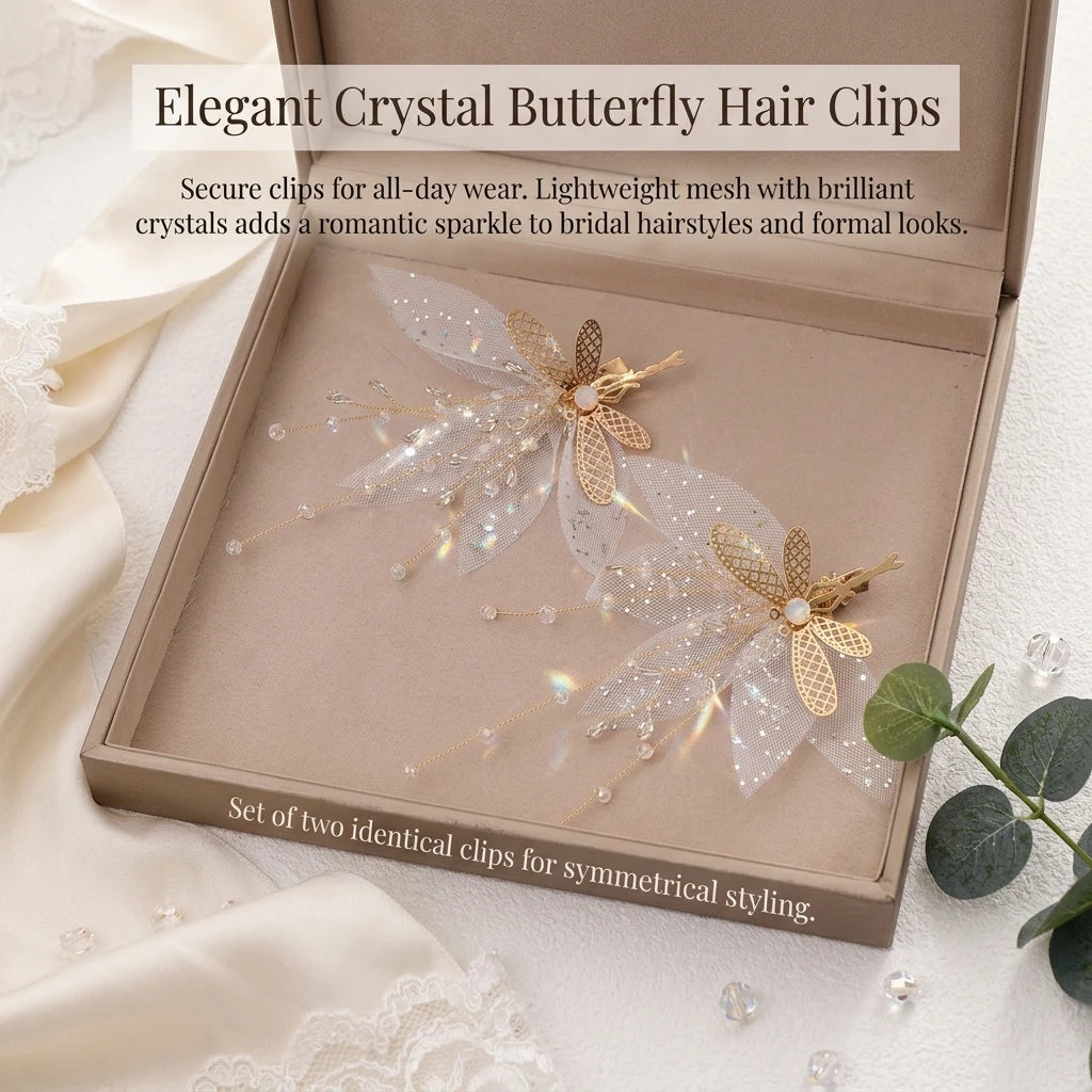 Crystal Butterfly Hair Clips Pair Alloy Mesh Rhinestone Design For Wedding Party Daily Use Peaceful Pleasures Health and Wellness