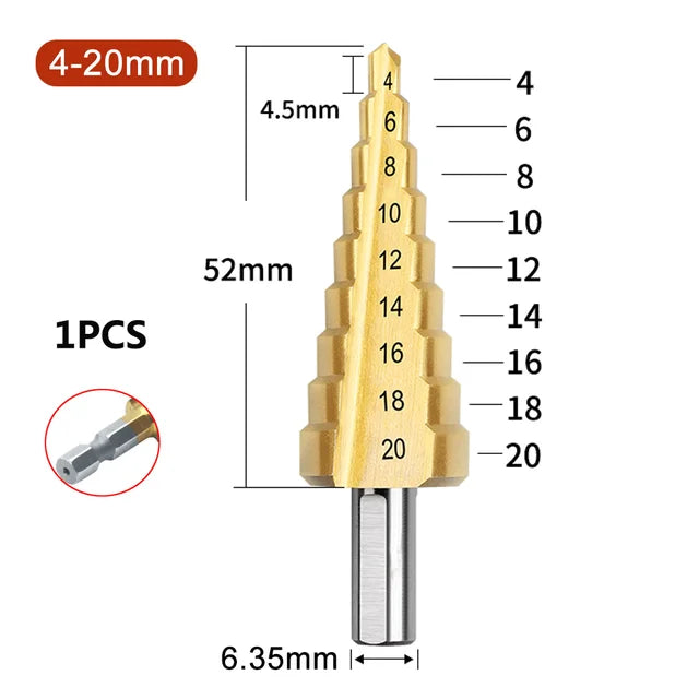 Straight Groove Step Drill Bit HSS Titanium Coated Wood Metal Hole Cutter Core Drilling Tools Set 4 Models 3-12 4-12 4-20 4-32 Peaceful Pleasures Health and Wellness 4-20 Step Drill Bit Hexagonal