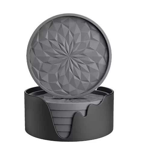 6 PCS with base Coasters, Round Mugs Coasters Set, car coaster，Silicone Coasters for Drinks, Coffee Pads Beer Bar Mat Black Peaceful Pleasures Health and Wellness GRAY L Round
