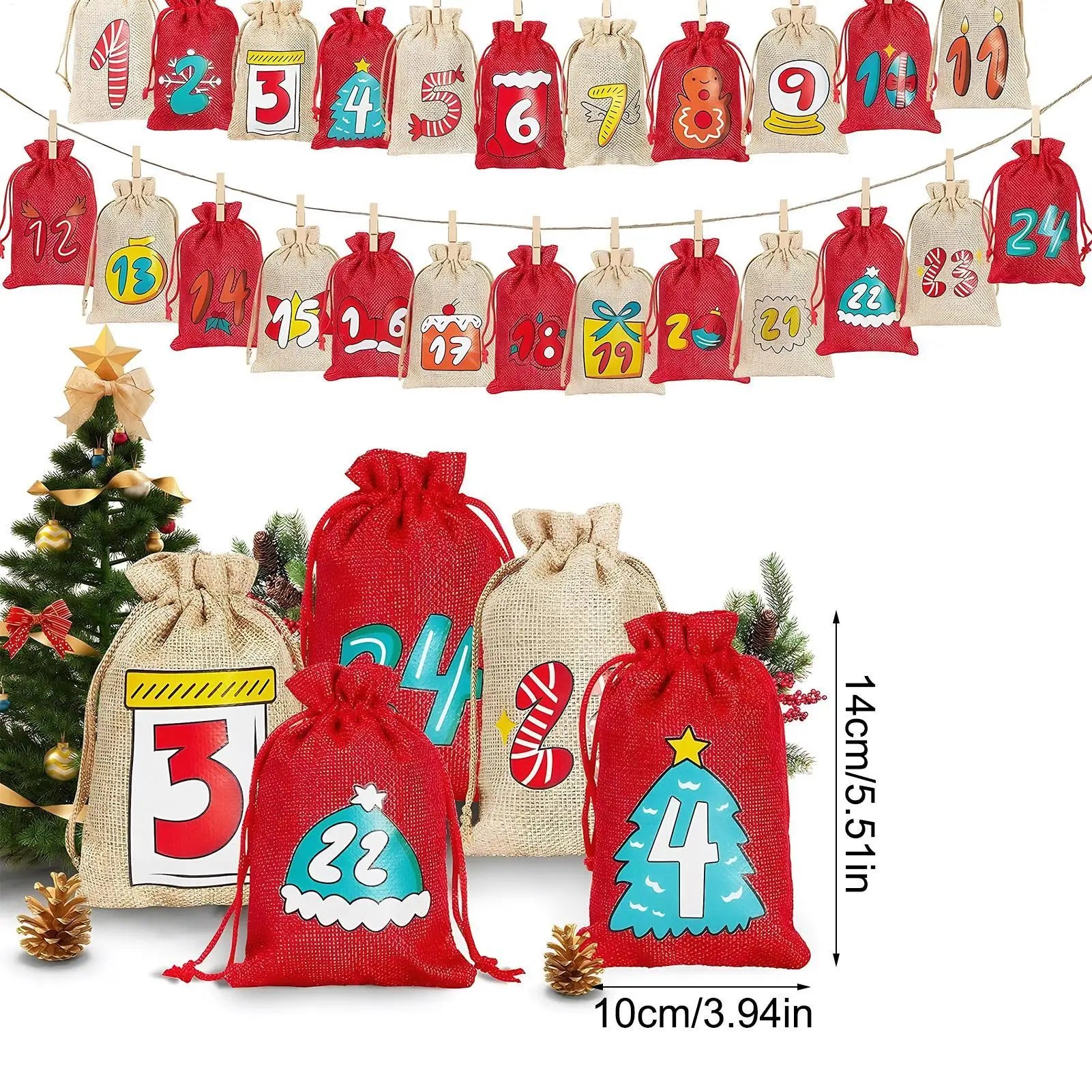 Advent Christmas Calendar Bags 24-Day Christmas Decorations Reusable Empty Drawstring Bags With Numbers For Wedding Holiday Peaceful Pleasures Health and Wellness