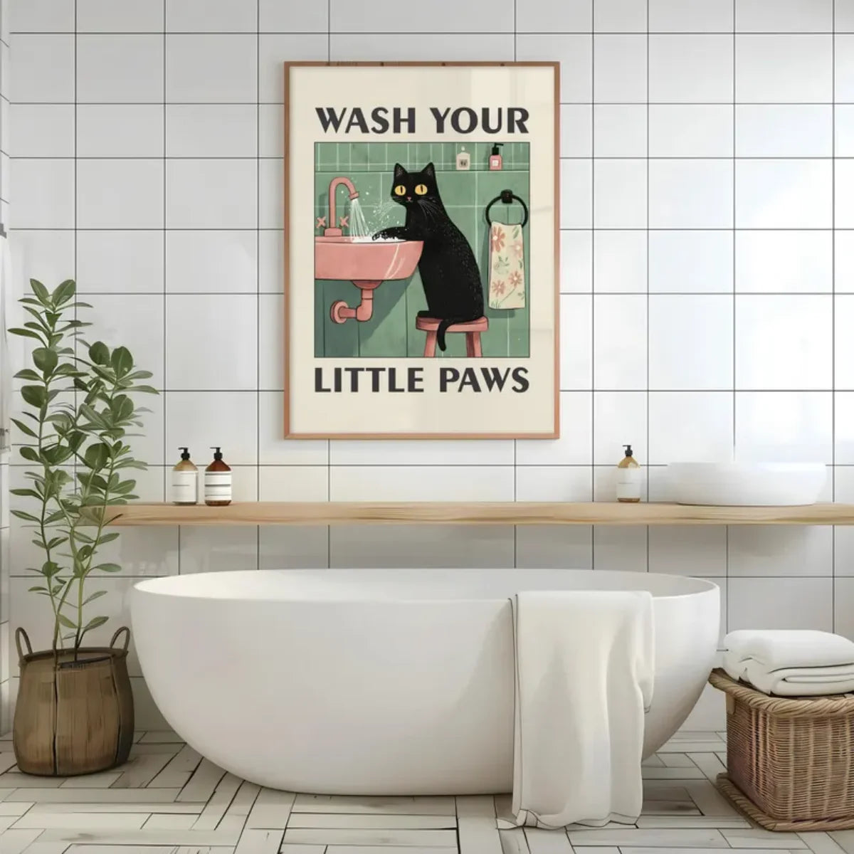 Funny Cat "Wash Your Paws" Canvas Wall Art | Bathroom Decor