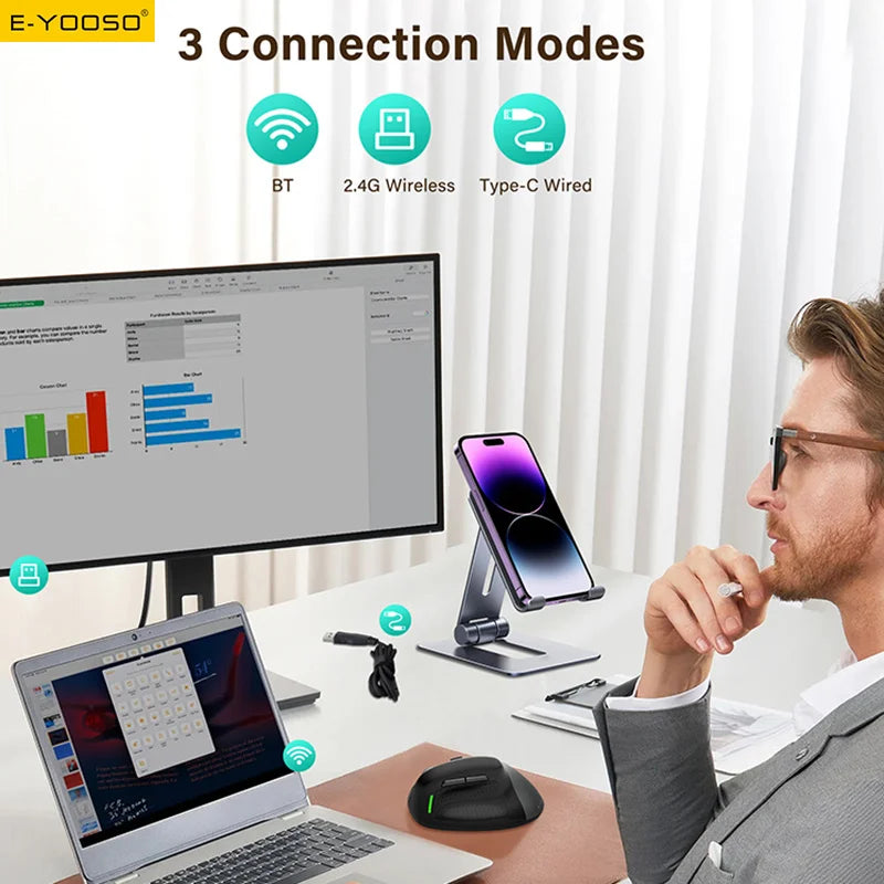 E-YOOSO X-45 Tri-mode Wireless Mouse Vertical Ergonomic 2.4G/Bluetooth/Type-C Wired 5 DPI, Rechargeable, for PC/Laptop/Mac Peaceful Pleasures Health and Wellness